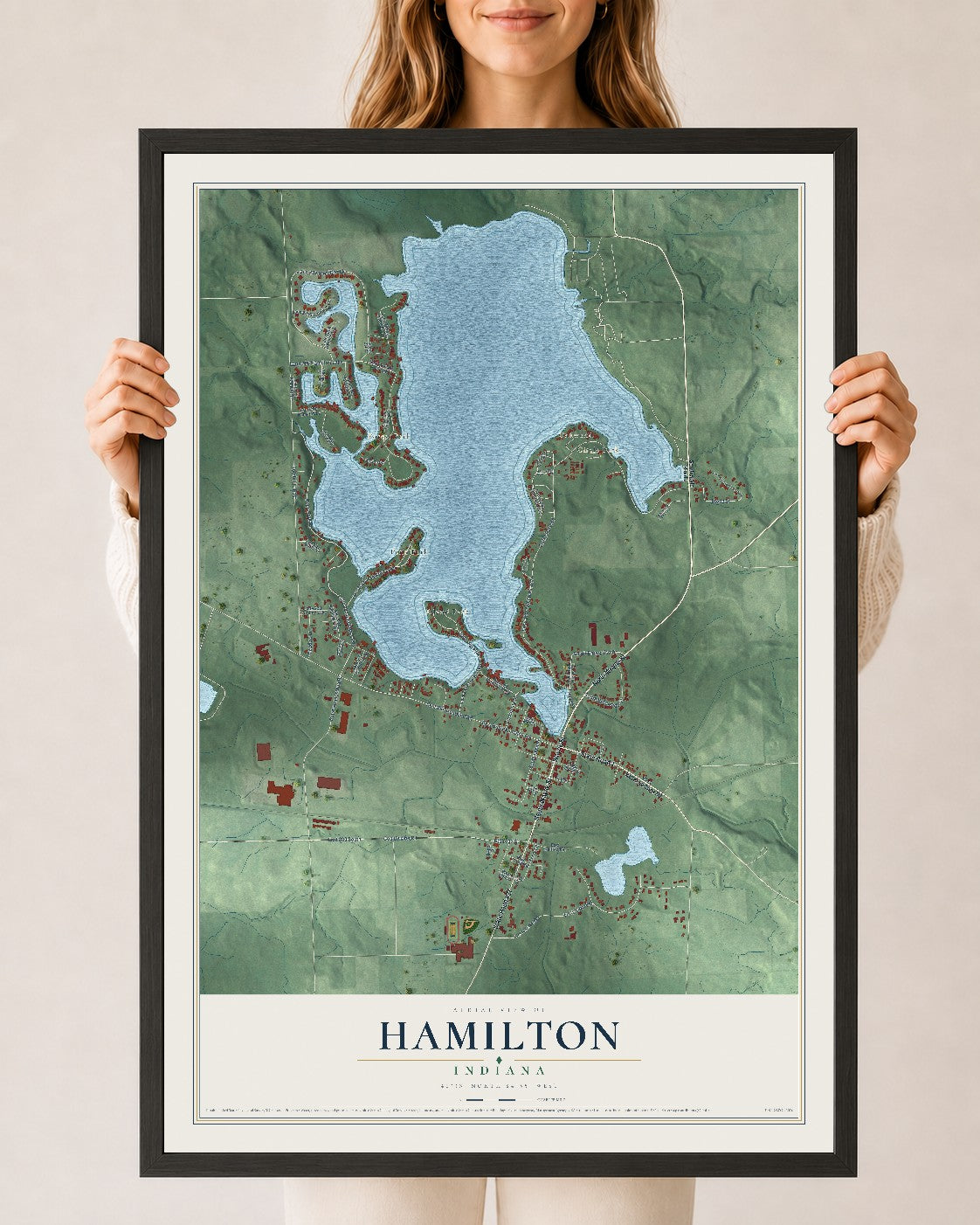 Map of Hamilton, Indiana, 24 x 36 inch print in a black wood frame