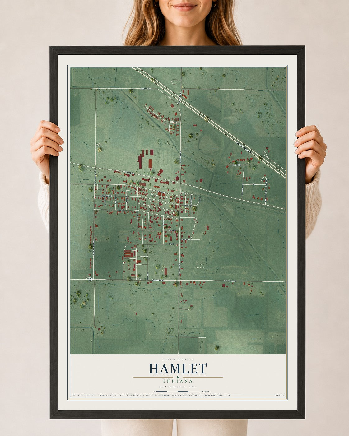 Map of Hamlet, Indiana, 24 x 36 inch print in a black wood frame