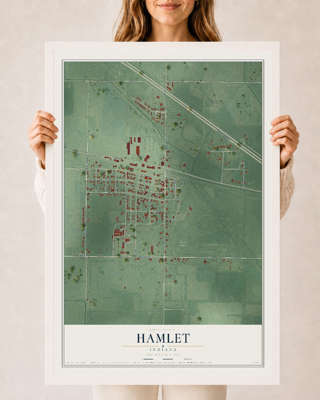 Map of Hamlet, Indiana, 24 x 36 inch print in a white wood frame