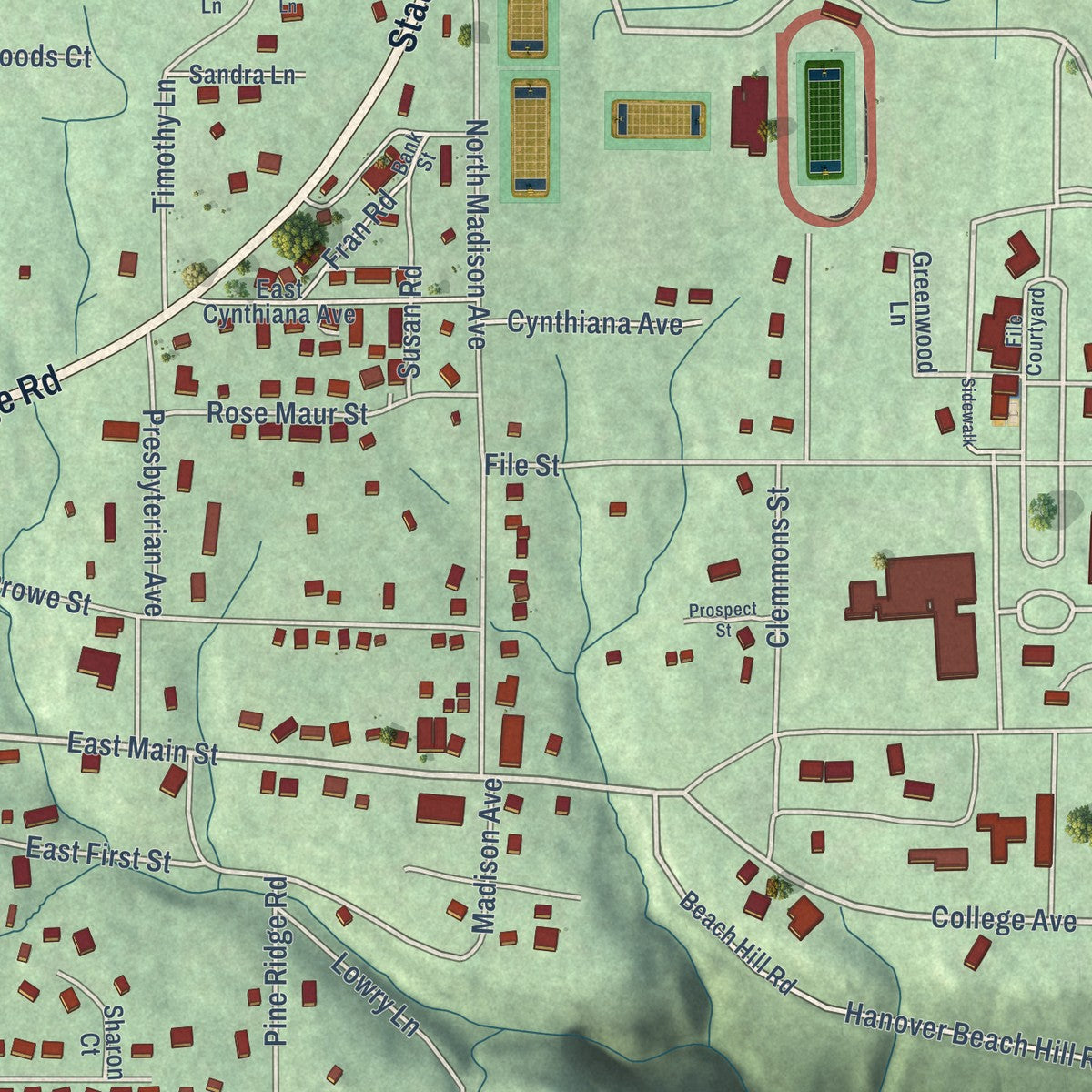 Second close-up of the map of Hanover, Indiana print showing more streets and buildings