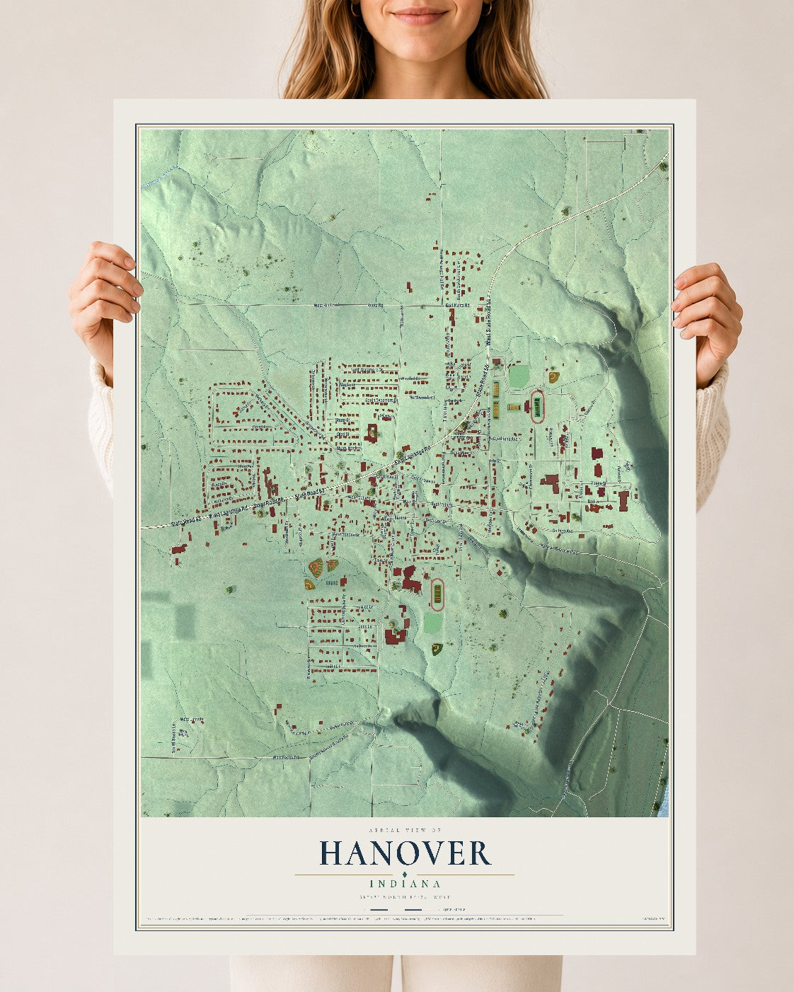 Map of Hanover, Indiana, 24 x 36 inch unframed archival matte print