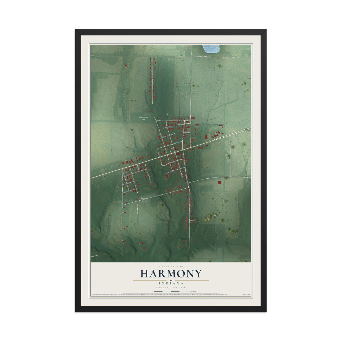 Map of Harmony, Indiana, 12 x 18 inch print in a black wood frame