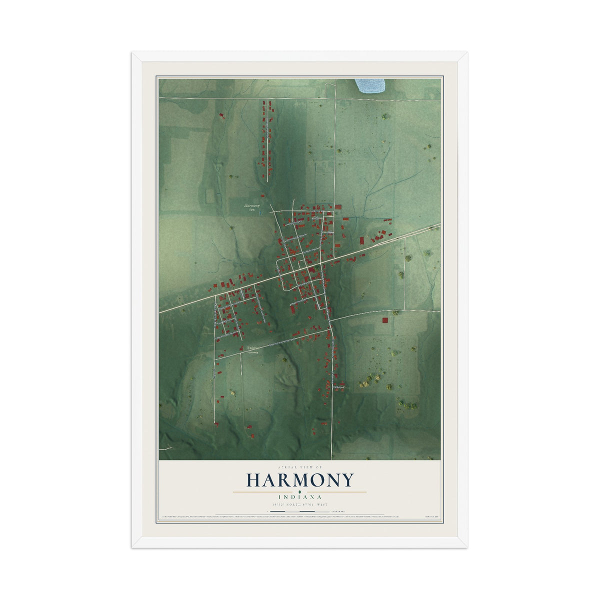 Map of Harmony, Indiana, 12 x 18 inch print in a white wood frame
