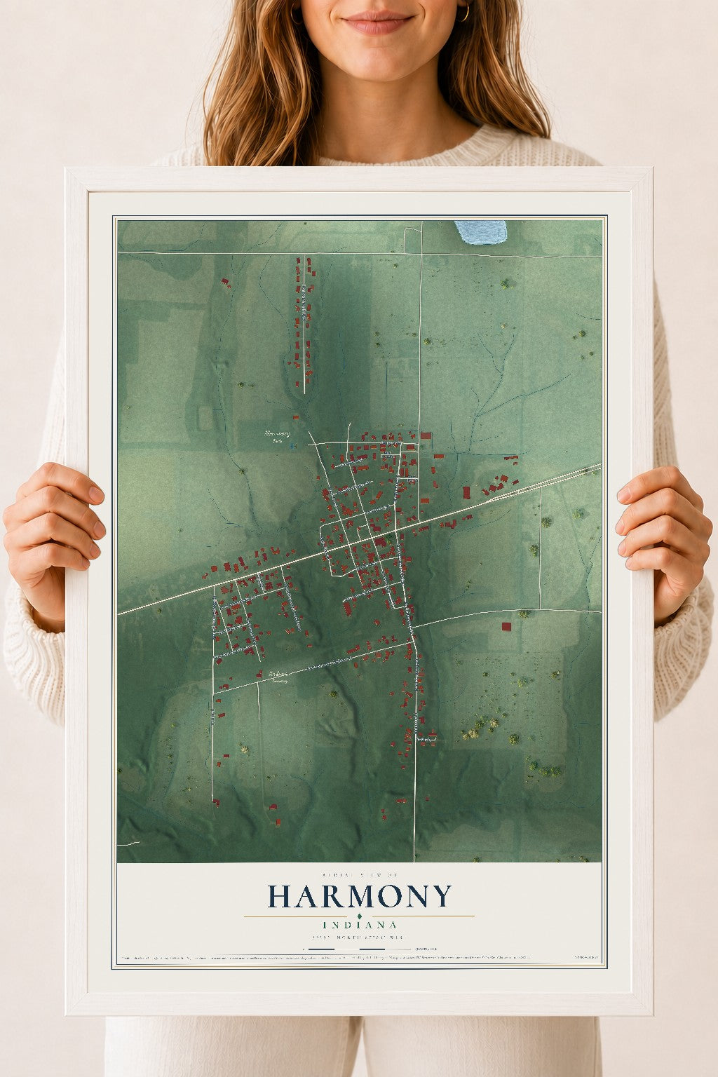 Map of Harmony, Indiana, 18 x 24 inch print in a white wood frame