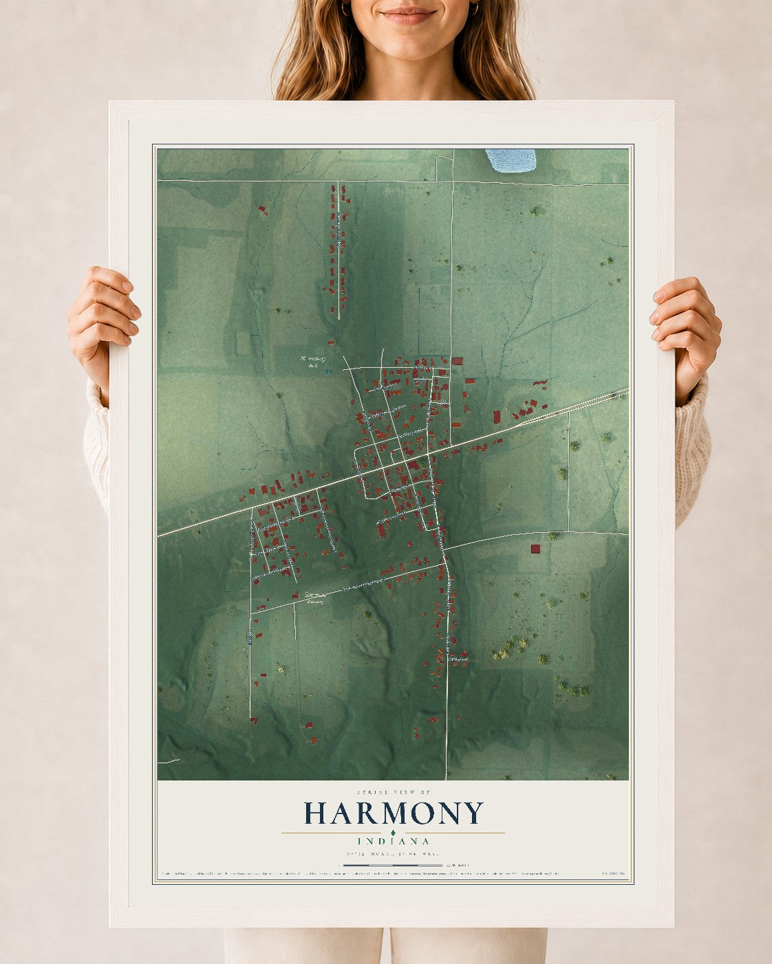 Map of Harmony, Indiana, 24 x 36 inch print in a white wood frame