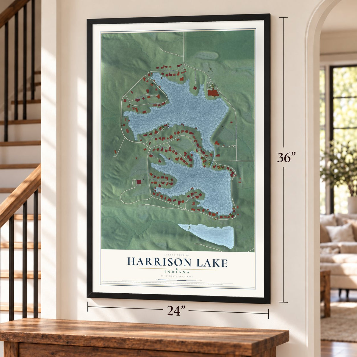 Harrison Lake, Indiana map, 24 x 36 inch print in a black frame by a staircase