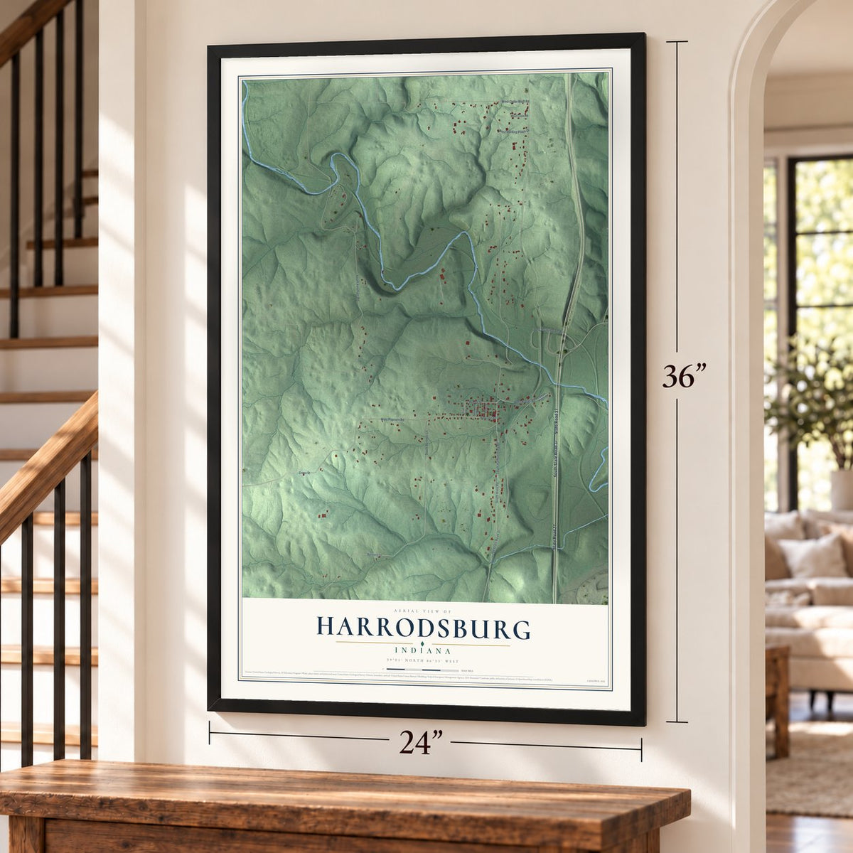 Harrodsburg, Indiana map, 24 x 36 inch print in a black frame by a staircase