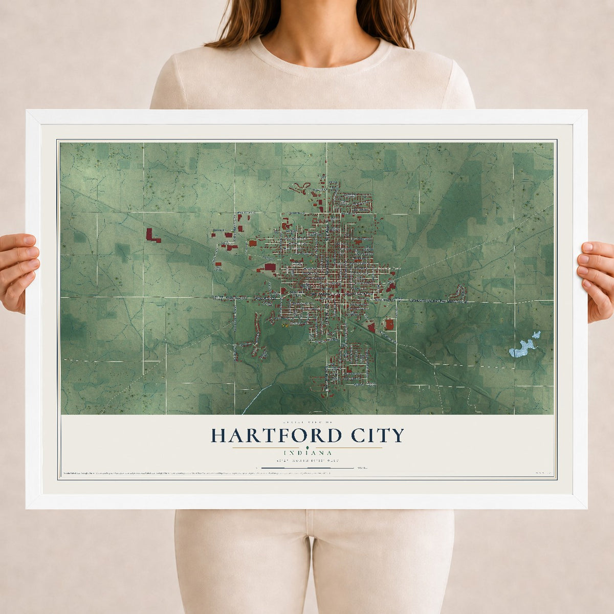 Map of Hartford City, Indiana, 18 x 24 inch print in a white wood frame