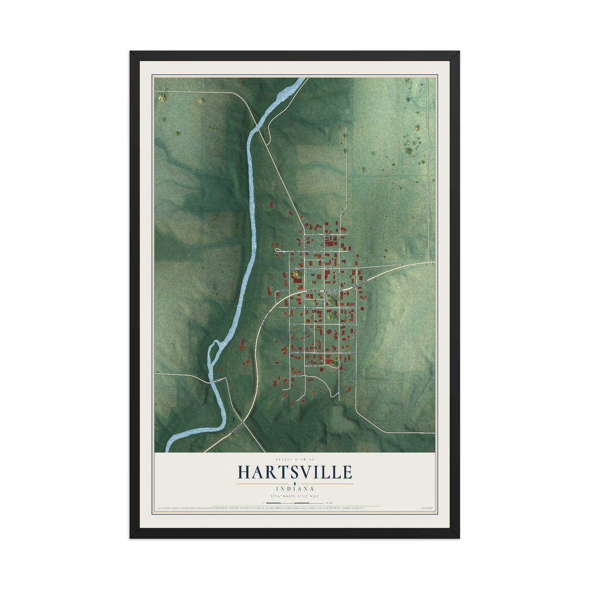 Map of Hartsville, Indiana, 12 x 18 inch print in a black wood frame
