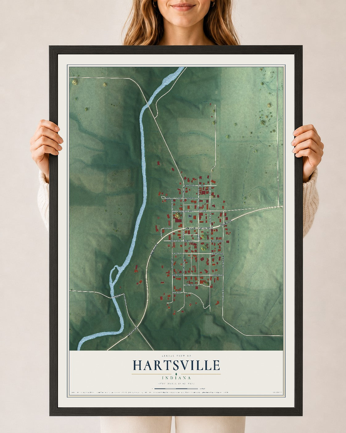 Map of Hartsville, Indiana, 24 x 36 inch print in a black wood frame