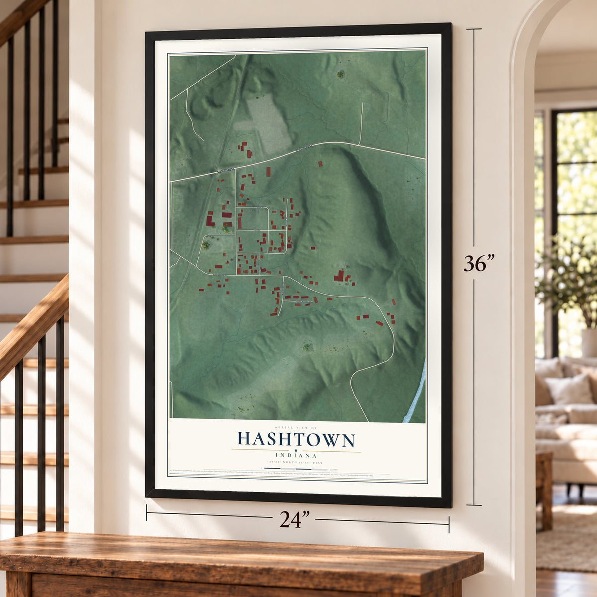 Hashtown, Indiana map, 24 x 36 inch print in a black frame by a staircase