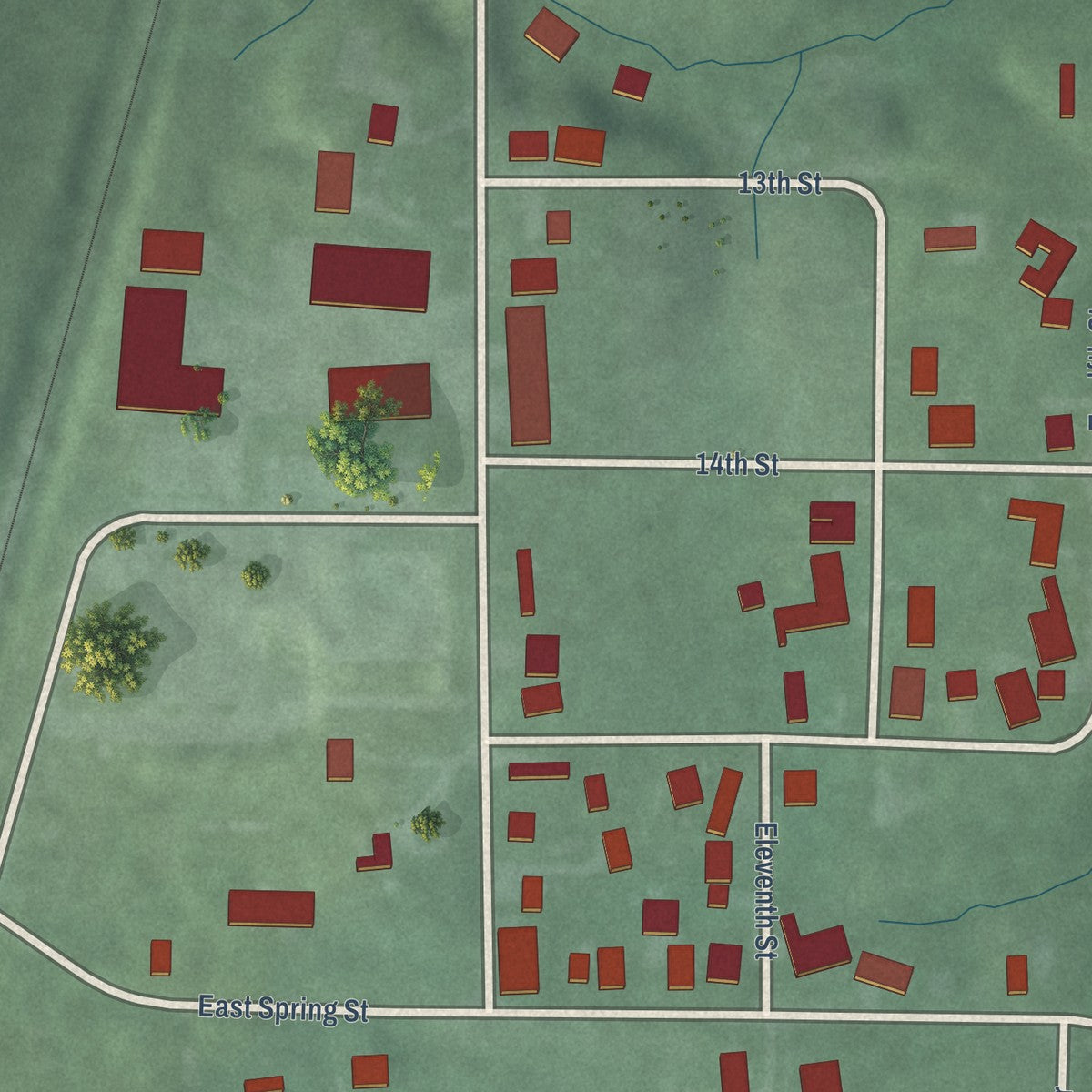 Close-up of the map of Hashtown, Indiana print showing street and building detail