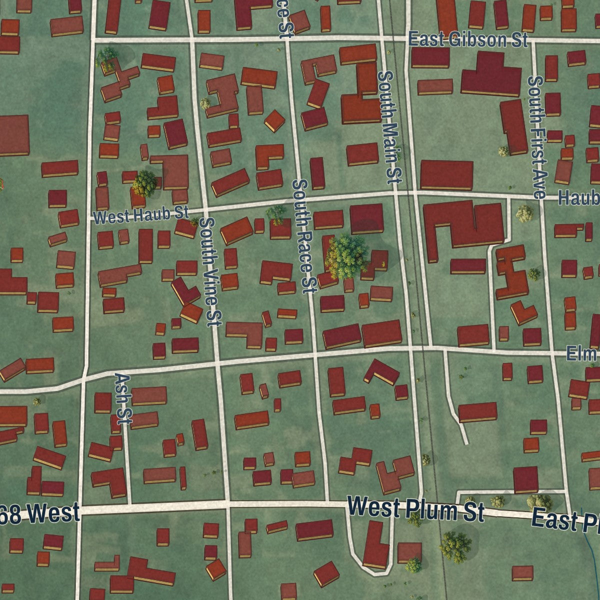 Close-up of the map of Haubstadt, Indiana print showing street and building detail