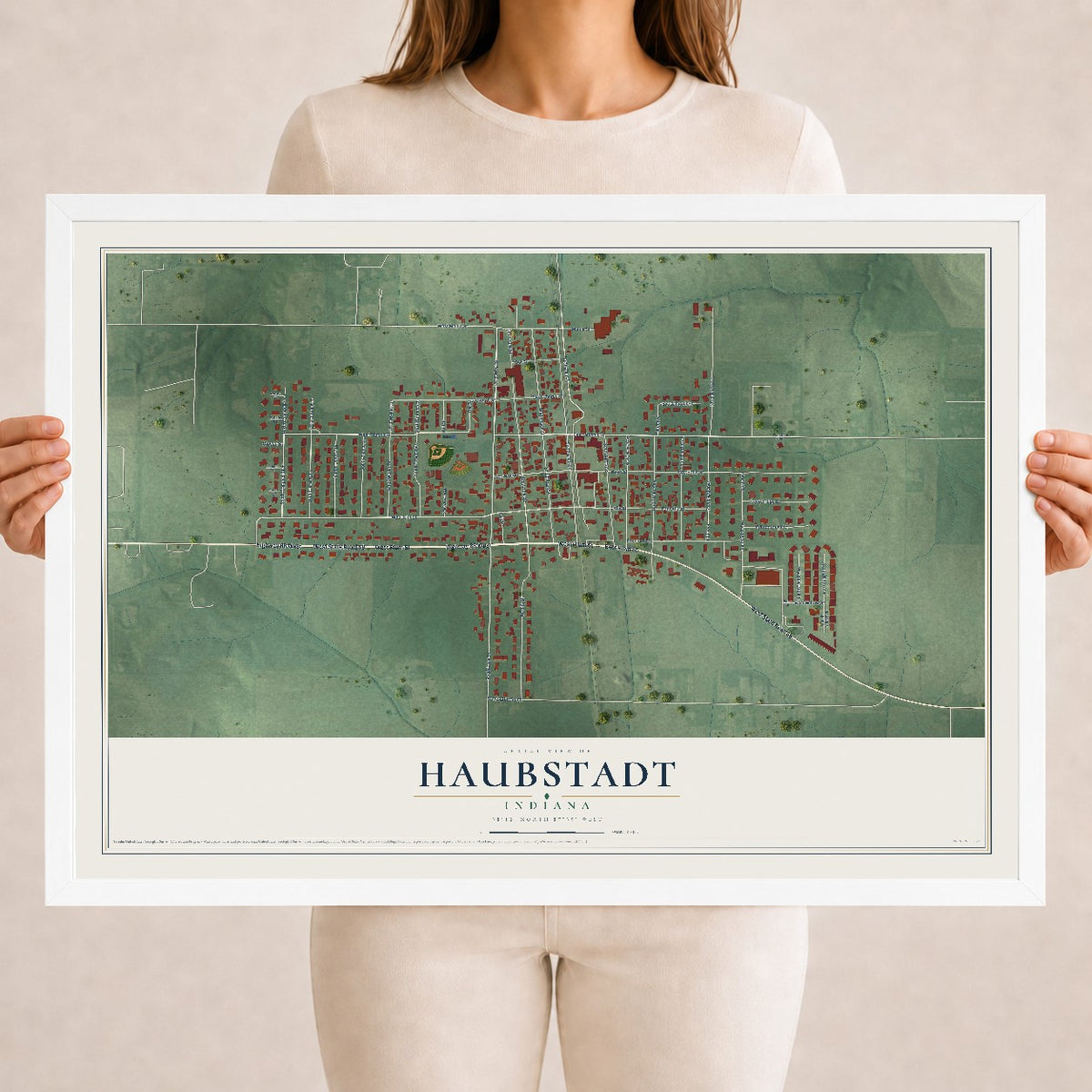 Map of Haubstadt, Indiana, 18 x 24 inch print in a white wood frame