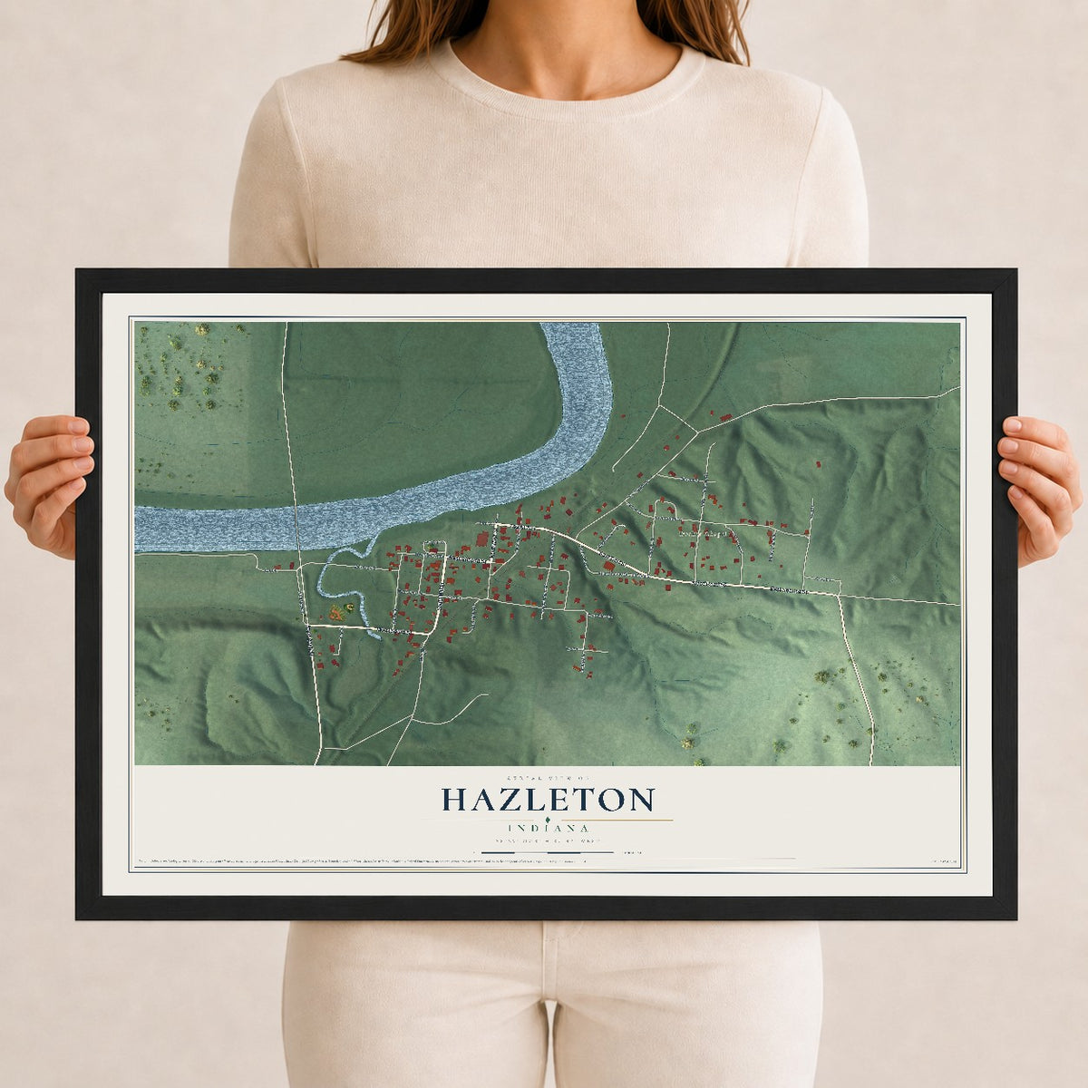 Map of Hazleton, Indiana, 12 x 18 inch print in a black wood frame