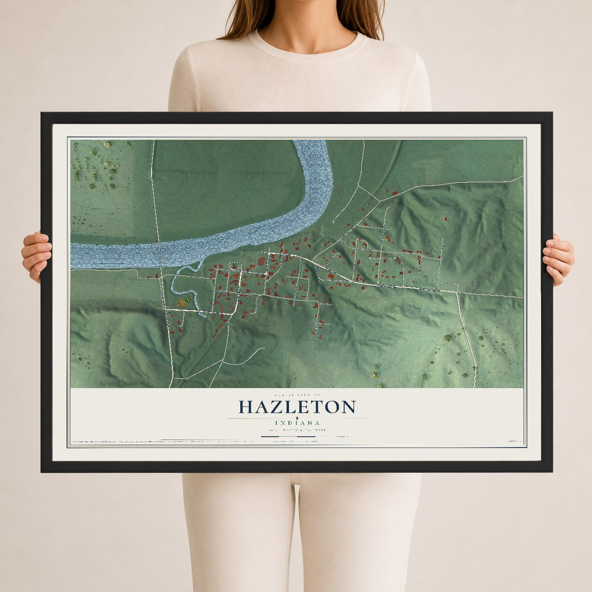 Map of Hazleton, Indiana, 24 x 36 inch print in a black wood frame