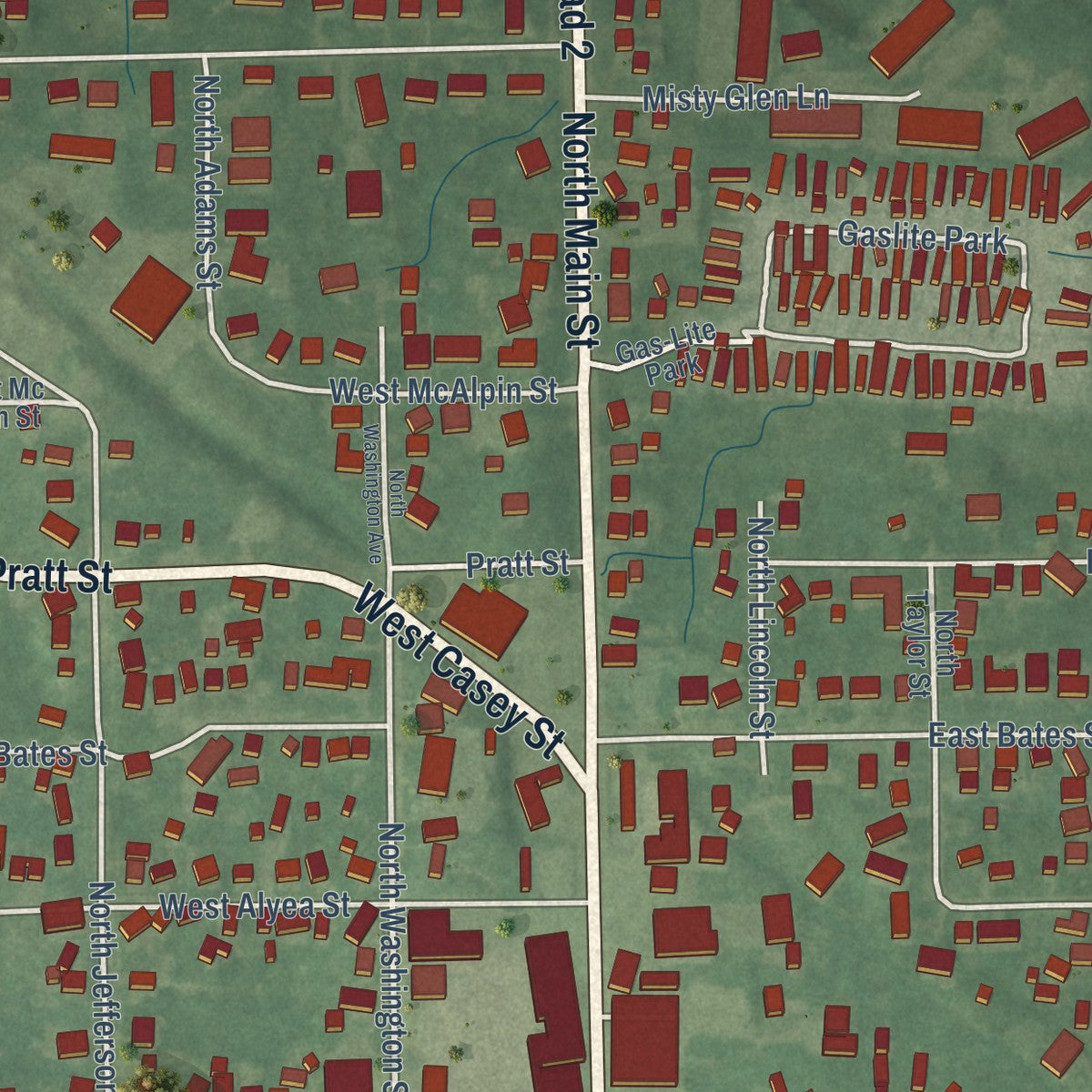Close-up of the map of Hebron, Indiana print showing street and building detail