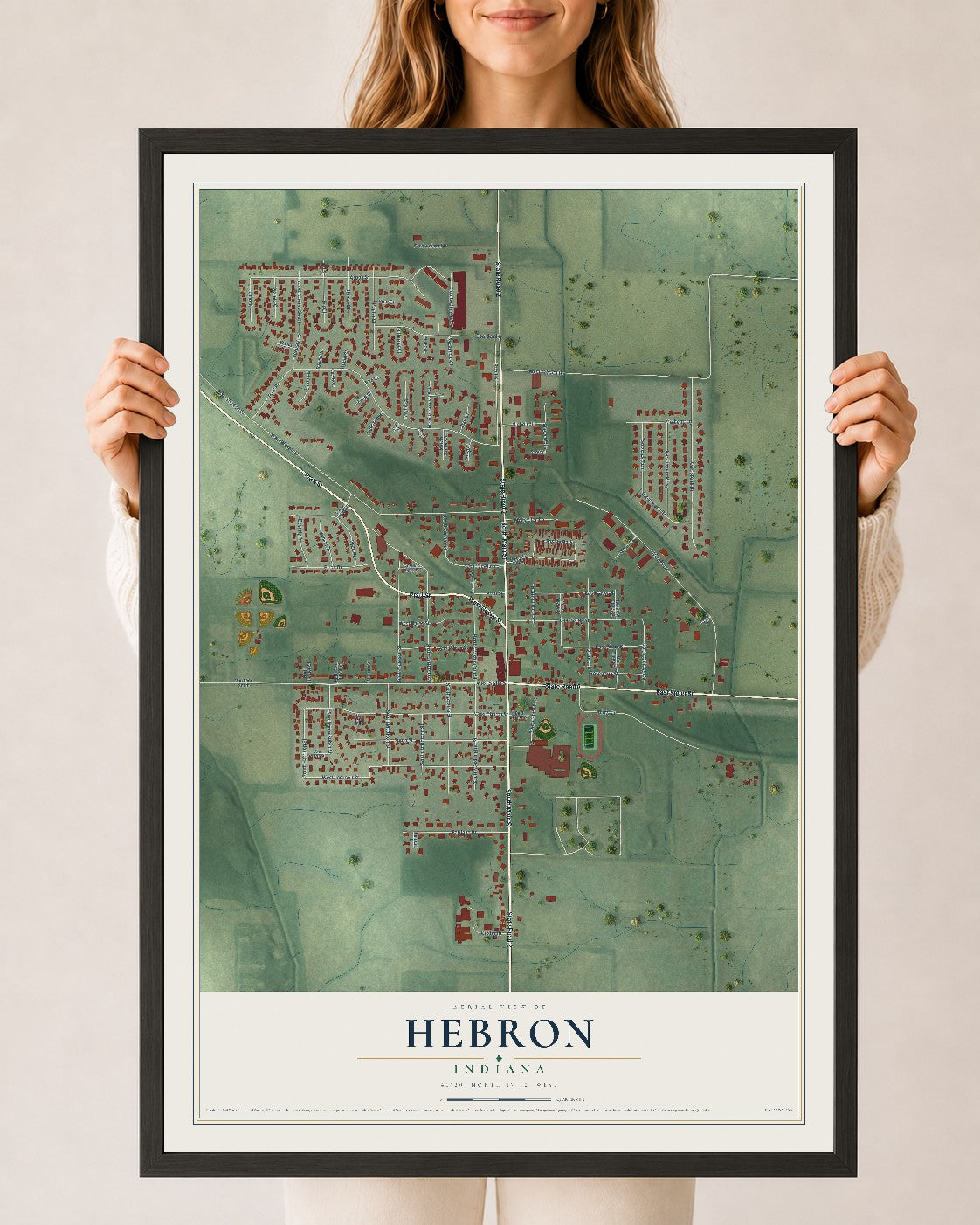Map of Hebron, Indiana, 24 x 36 inch print in a black wood frame