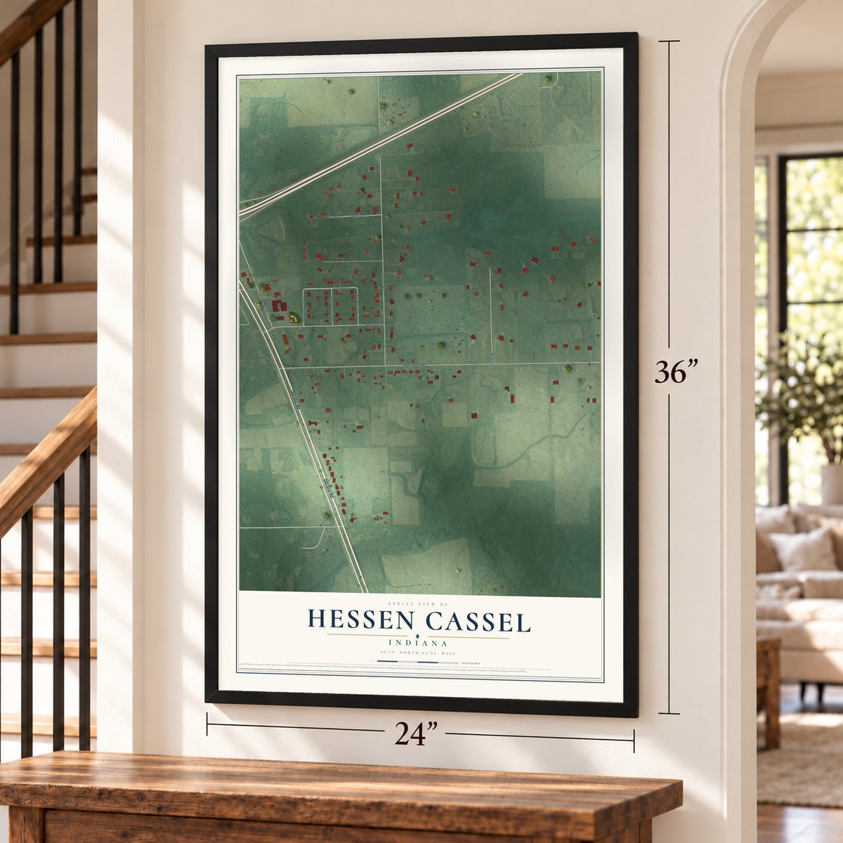 Hessen Cassel, Indiana map, 24 x 36 inch print in a black frame by a staircase