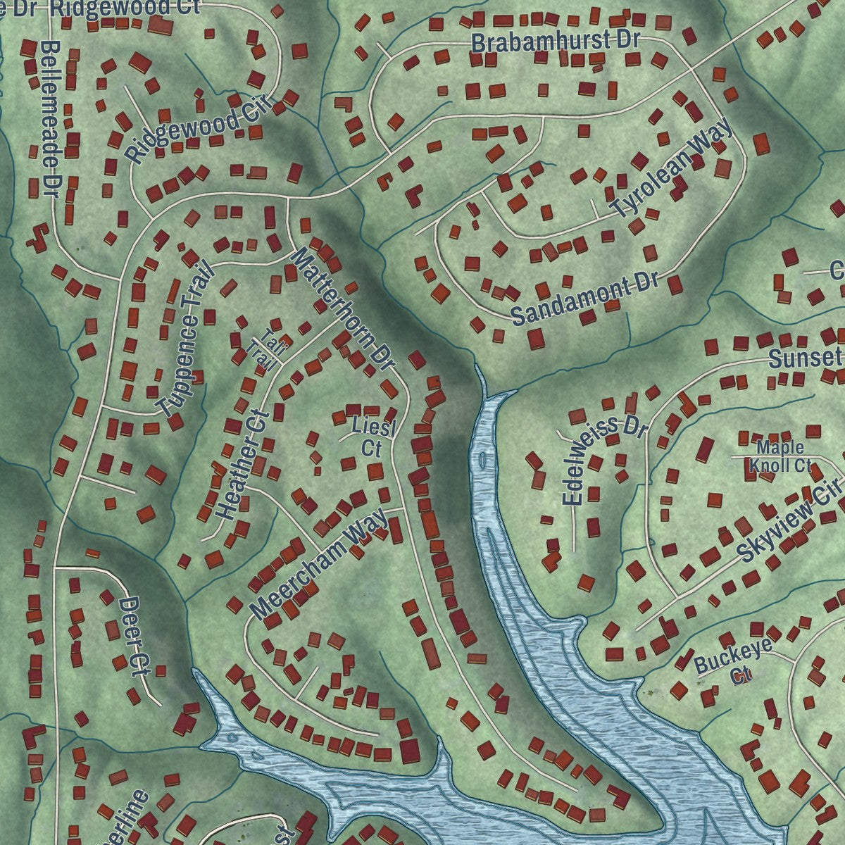 Close-up of the map of Hidden Valley, Indiana print showing street and building detail
