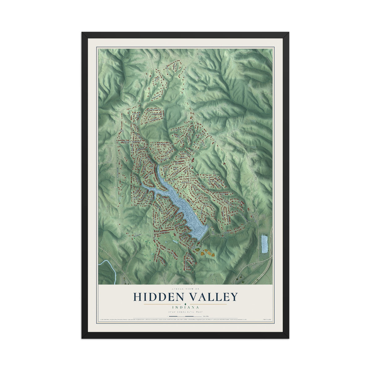 Map of Hidden Valley, Indiana, 12 x 18 inch print in a black wood frame