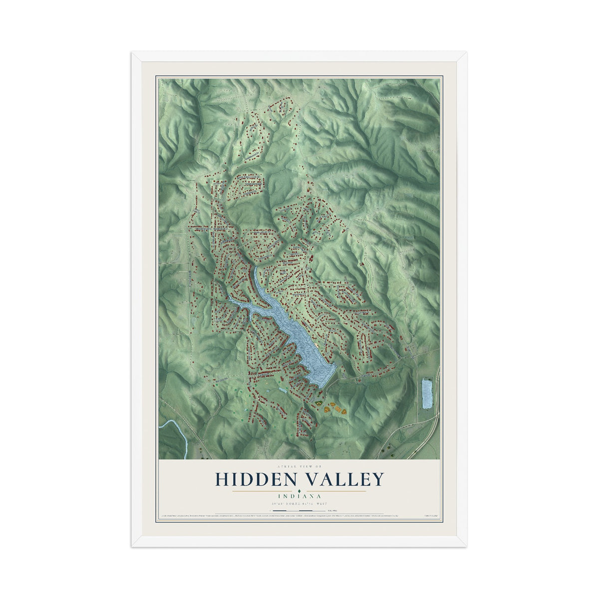 Map of Hidden Valley, Indiana, 12 x 18 inch print in a white wood frame