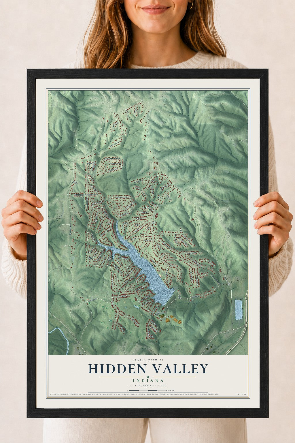 Map of Hidden Valley, Indiana, 18 x 24 inch print in a black wood frame