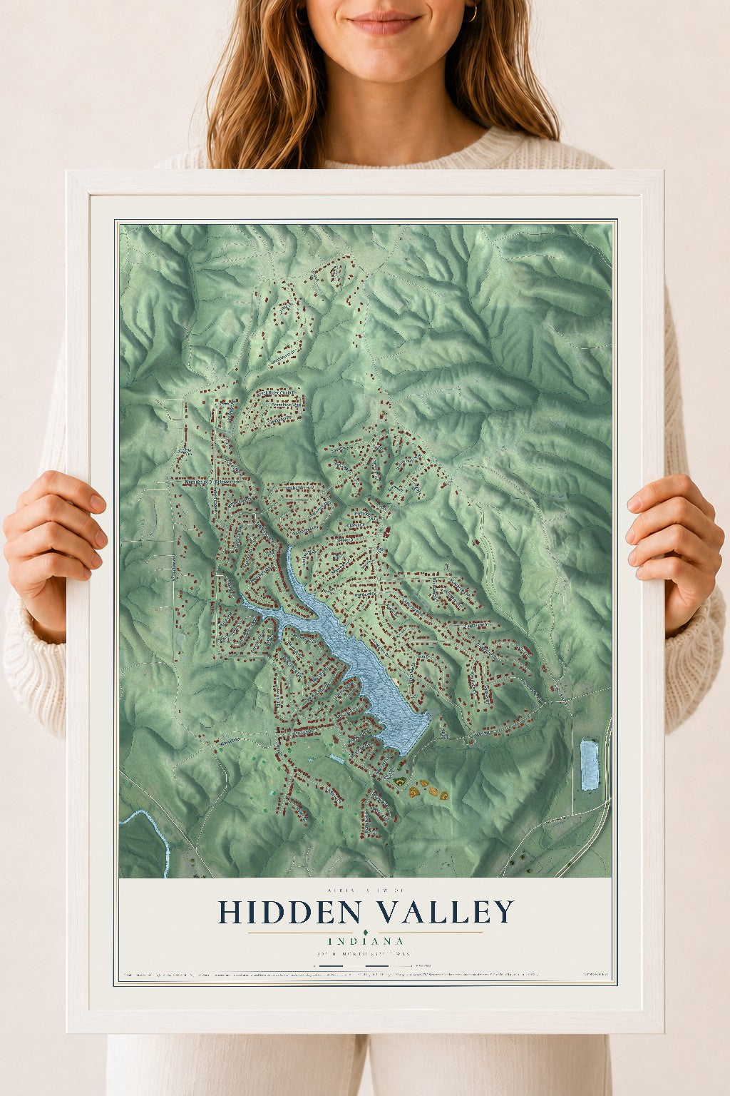Map of Hidden Valley, Indiana, 18 x 24 inch print in a white wood frame