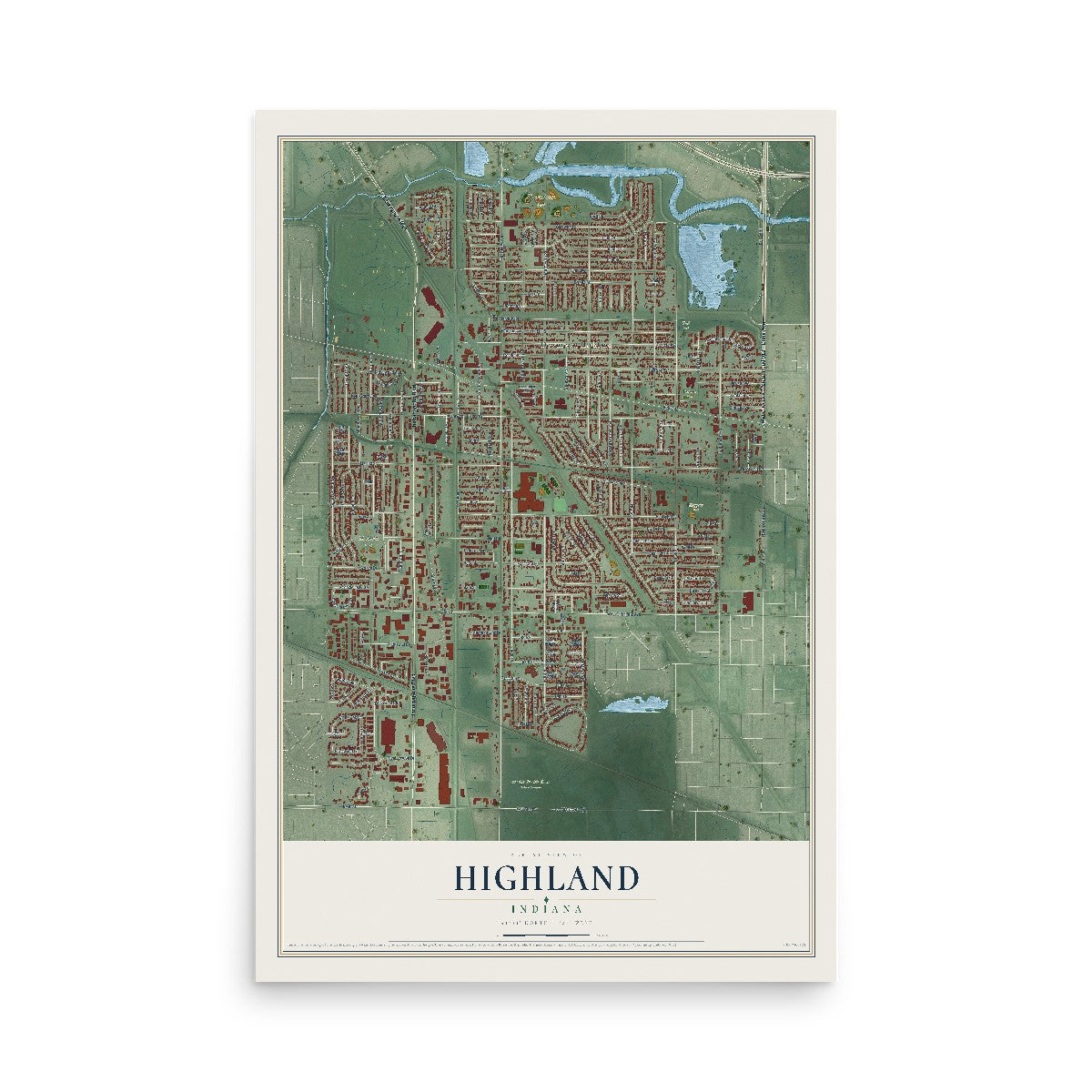 Map of Highland, Indiana, 12 x 18 inch unframed archival matte print