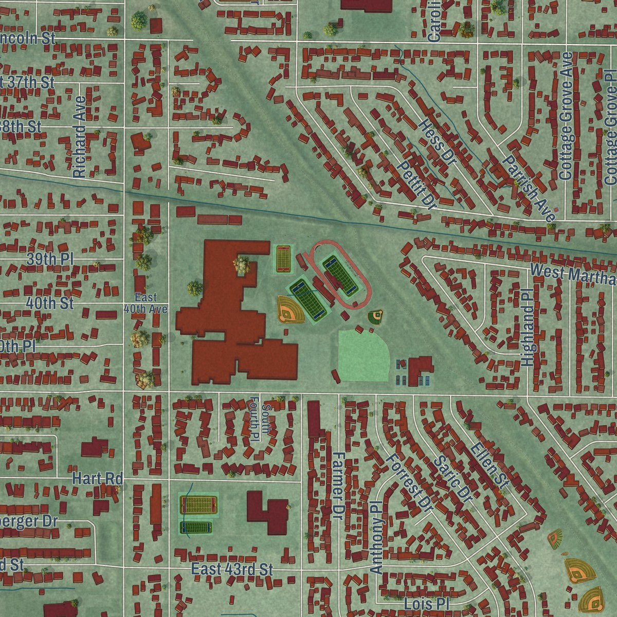 Close-up of the map of Highland, Indiana print showing street and building detail