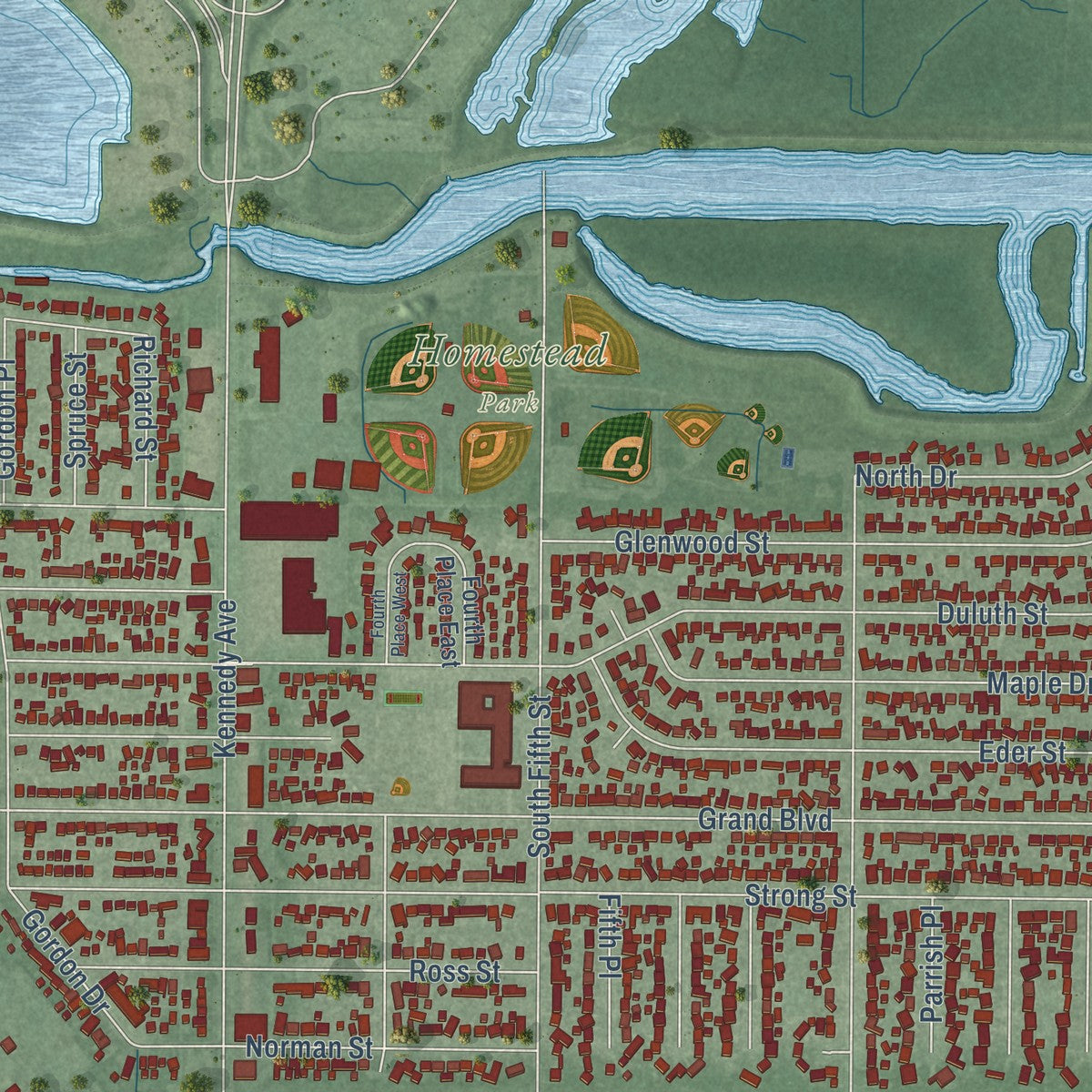 Second close-up of the map of Highland, Indiana print showing more streets and buildings