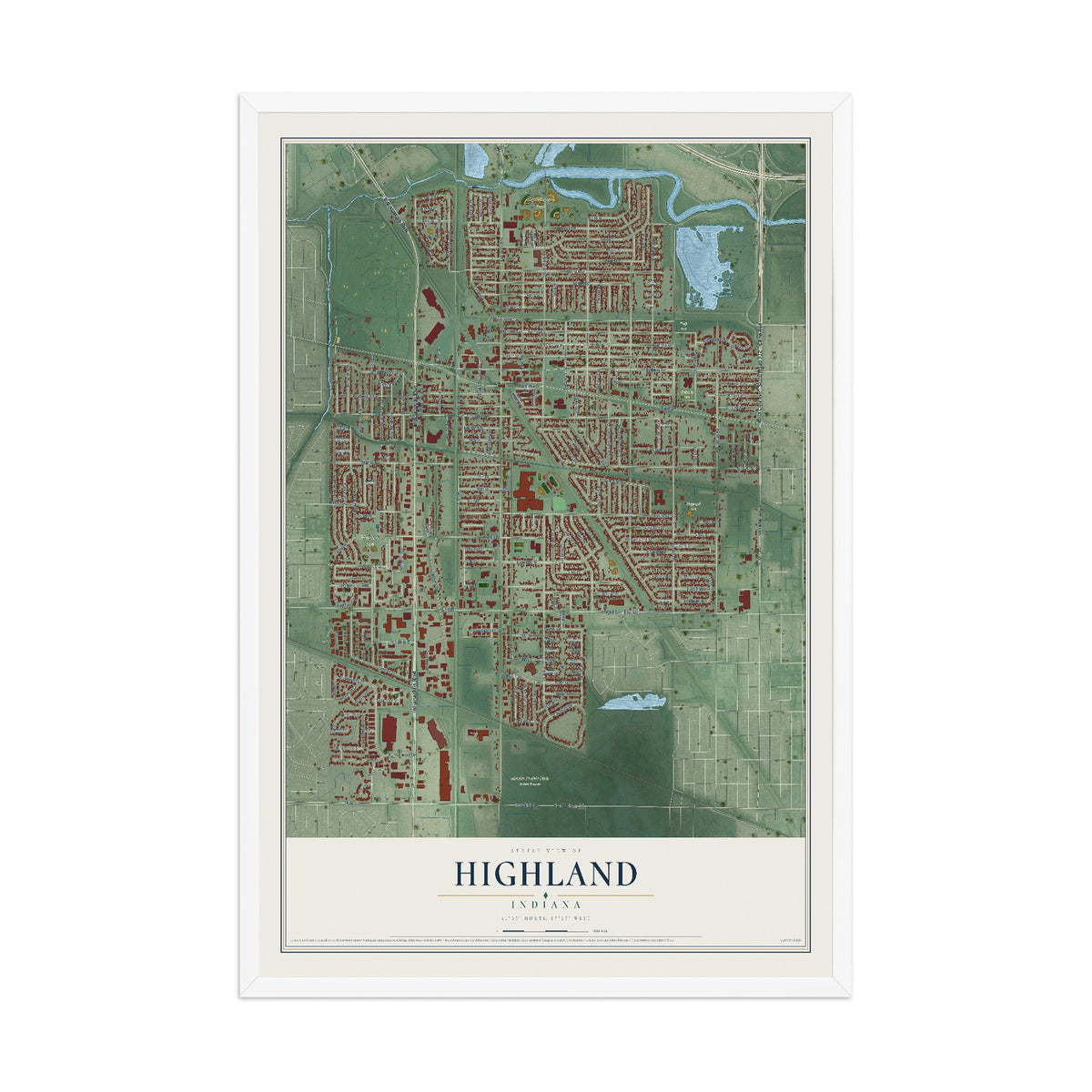 Map of Highland, Indiana, 12 x 18 inch print in a white wood frame