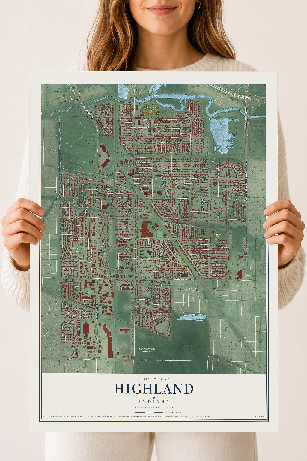 Map of Highland, Indiana, 18 x 24 inch unframed archival matte print