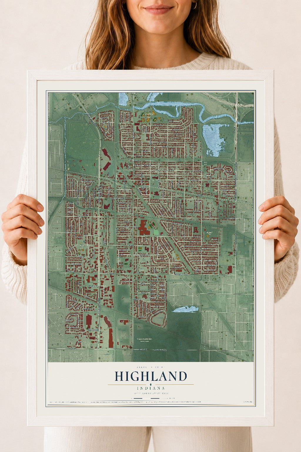 Map of Highland, Indiana, 18 x 24 inch print in a white wood frame