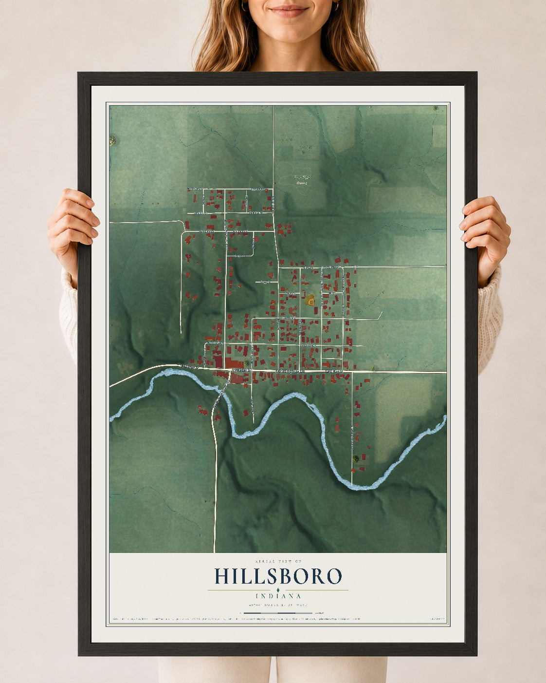Map of Hillsboro, Indiana, 24 x 36 inch print in a black wood frame