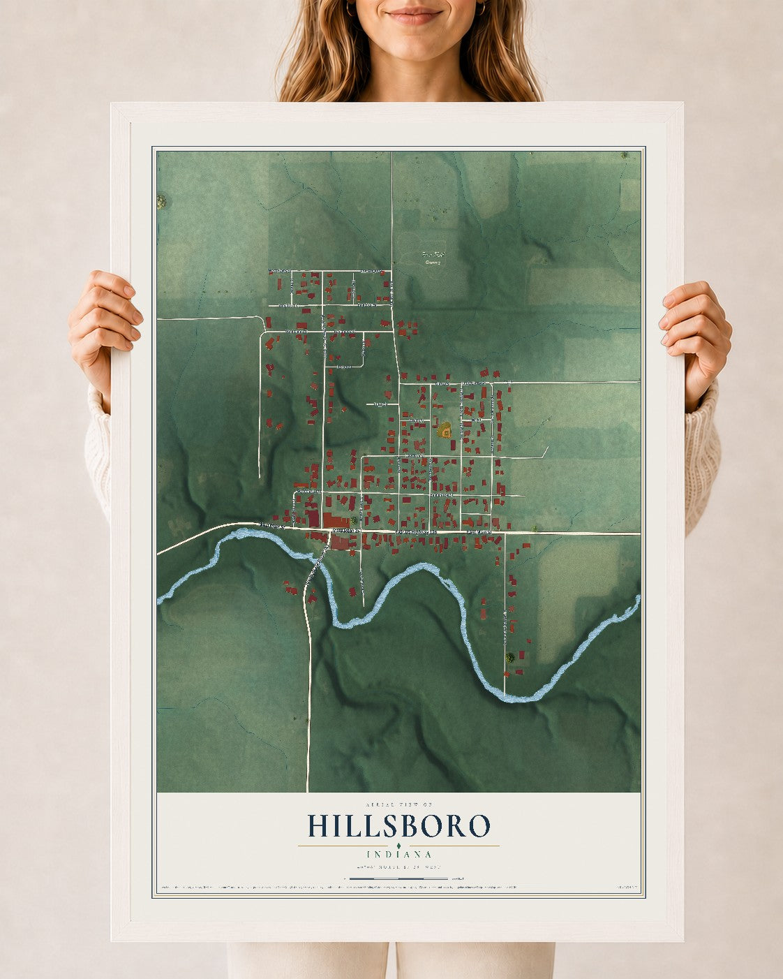 Map of Hillsboro, Indiana, 24 x 36 inch print in a white wood frame
