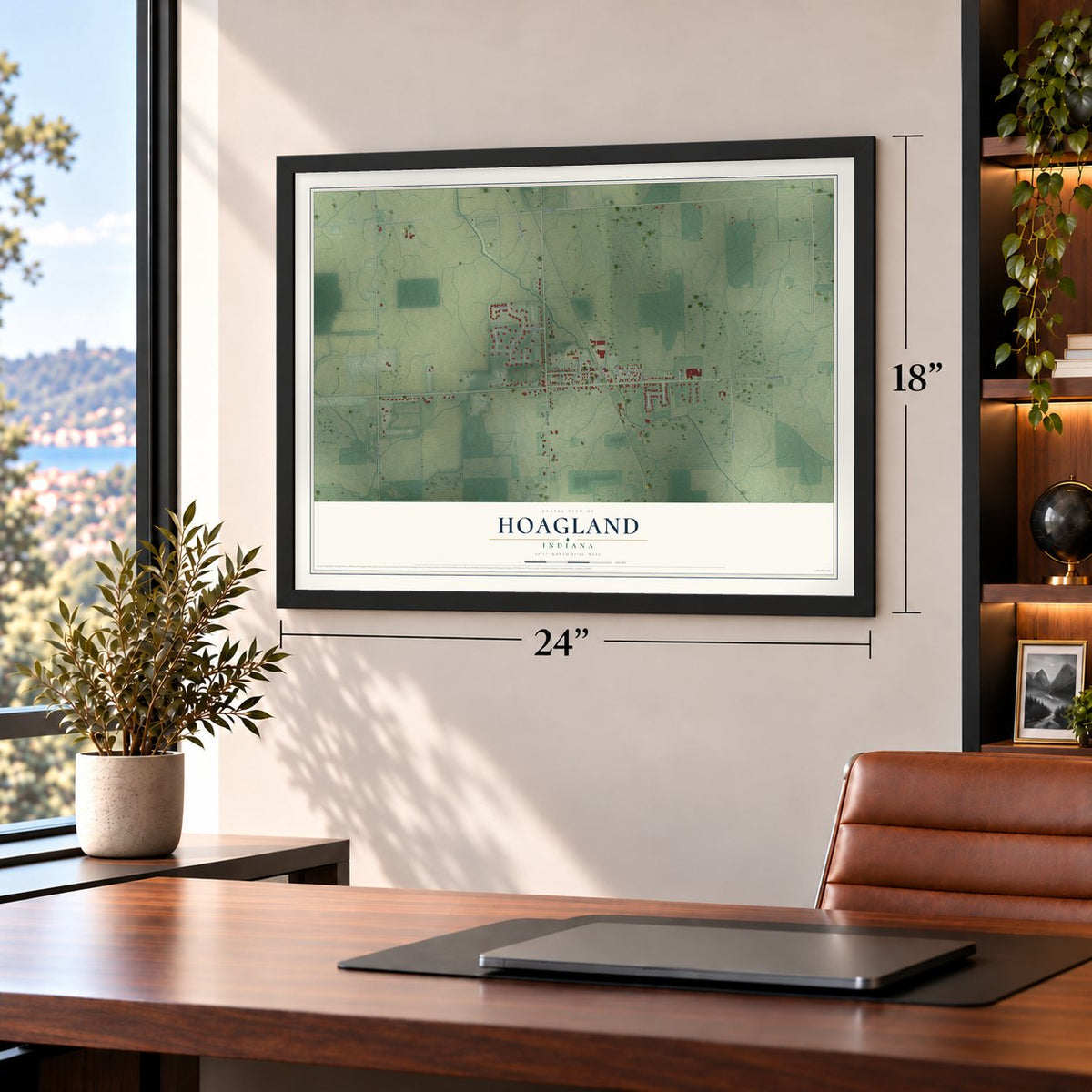 Hoagland, Indiana map, 18 x 24 inch print in a black frame in a home office