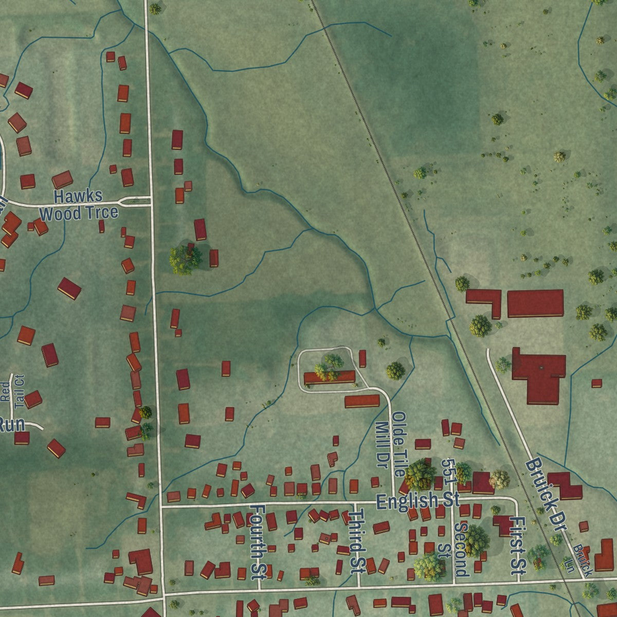 Close-up of the map of Hoagland, Indiana print showing street and building detail