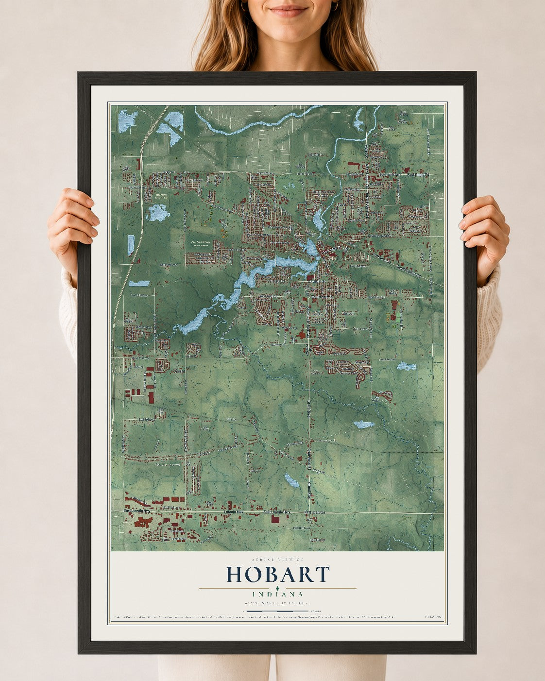 Map of Hobart, Indiana, 24 x 36 inch print in a black wood frame
