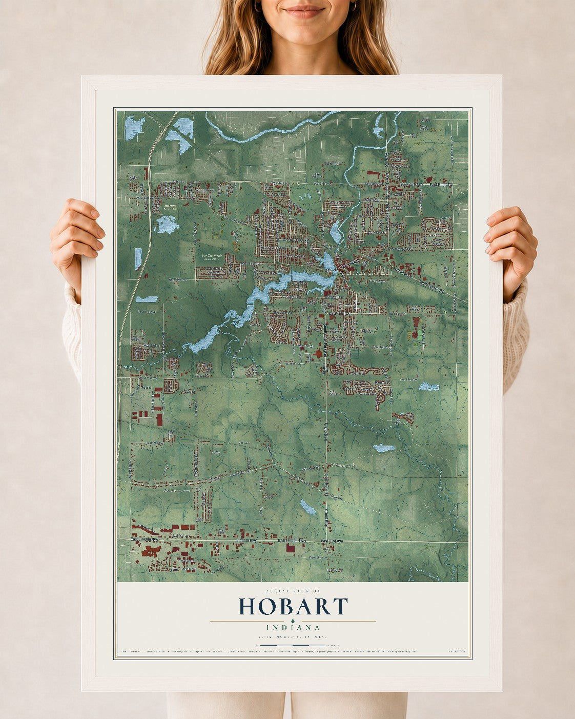 Map of Hobart, Indiana, 24 x 36 inch print in a white wood frame