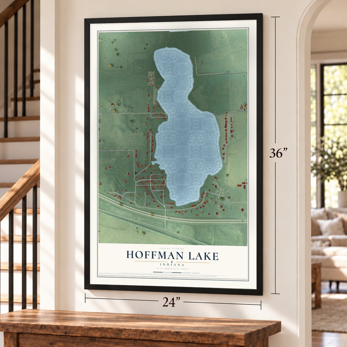 Hoffman Lake, Indiana map, 24 x 36 inch print in a black frame by a staircase