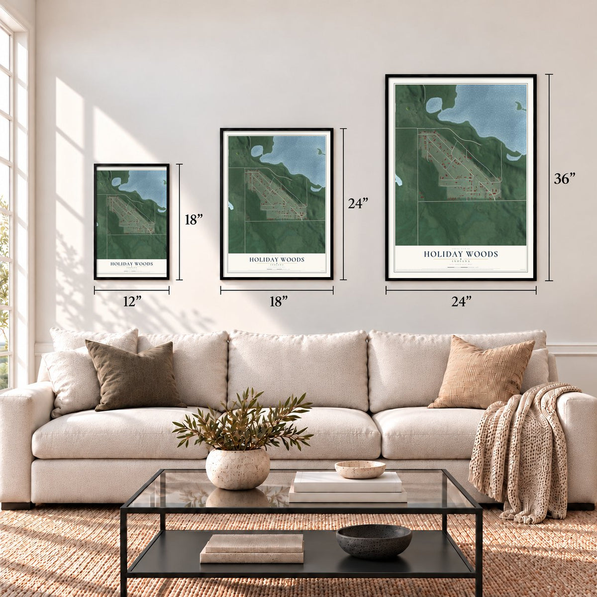 Holiday Woods, Indiana map in 12 x 18, 18 x 24 and 24 x 36 inch sizes above a sofa