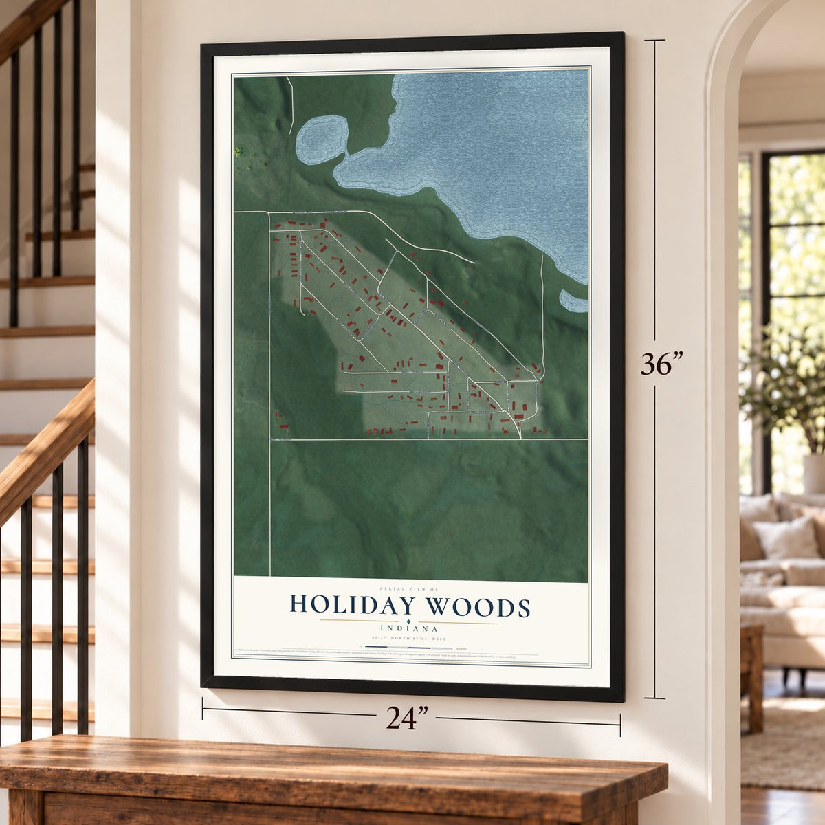 Holiday Woods, Indiana map, 24 x 36 inch print in a black frame by a staircase