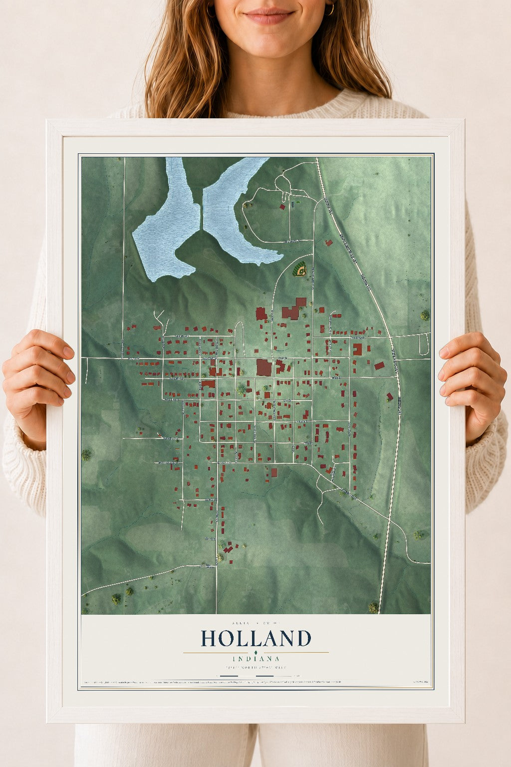 Map of Holland, Indiana, 18 x 24 inch print in a white wood frame