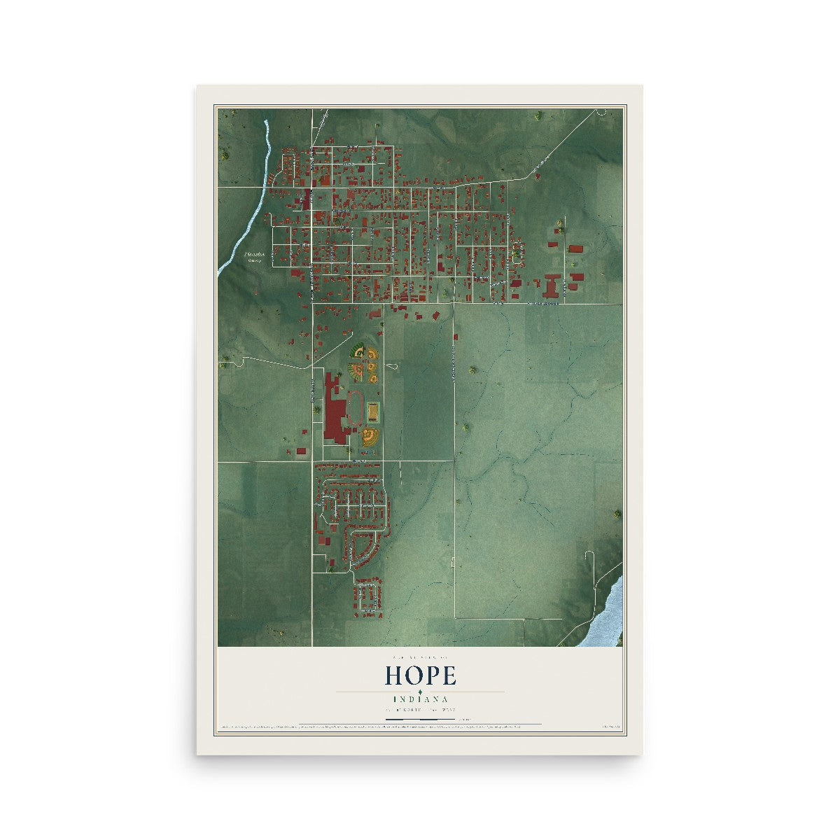 Map of Hope, Indiana, 12 x 18 inch unframed archival matte print