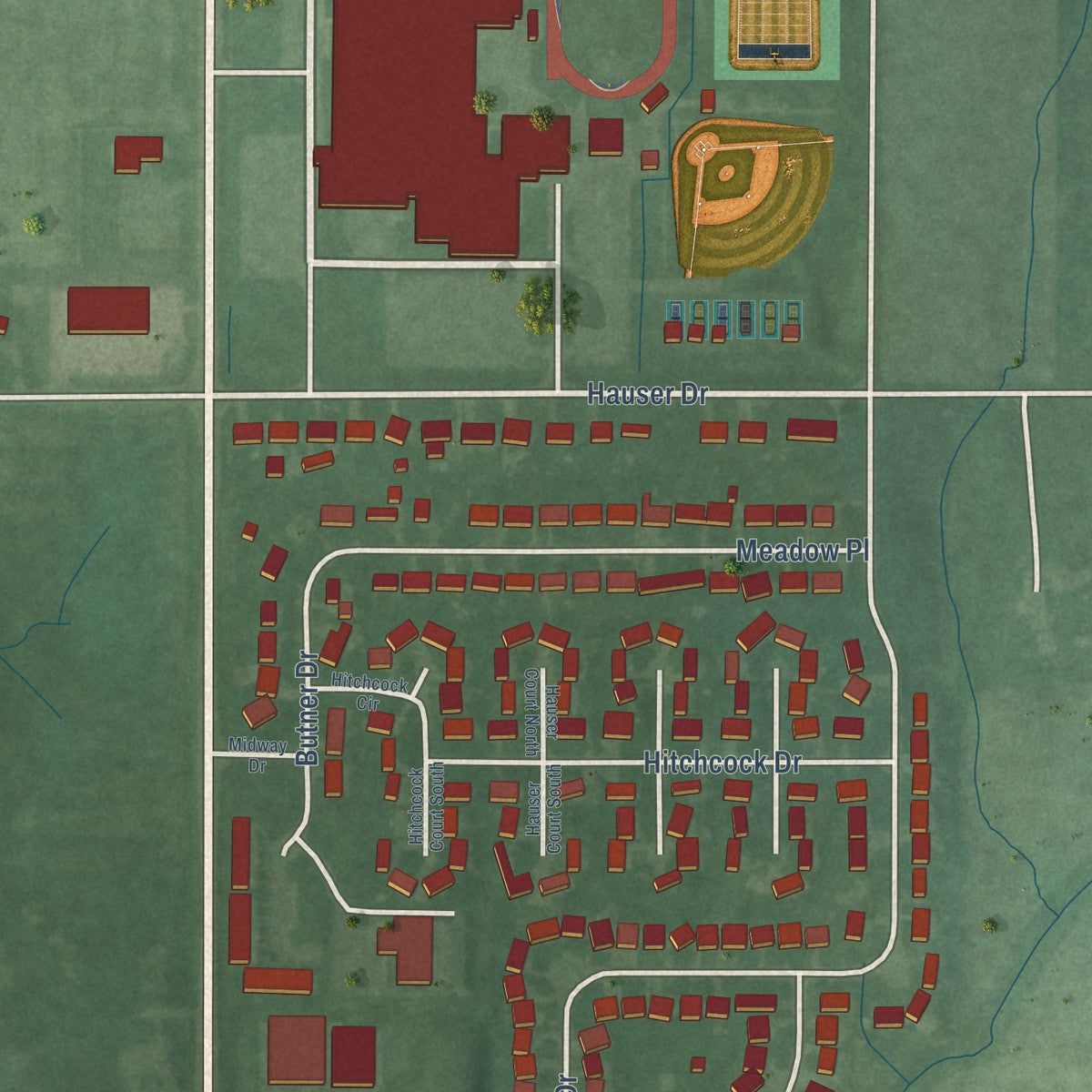 Second close-up of the map of Hope, Indiana print showing more streets and buildings