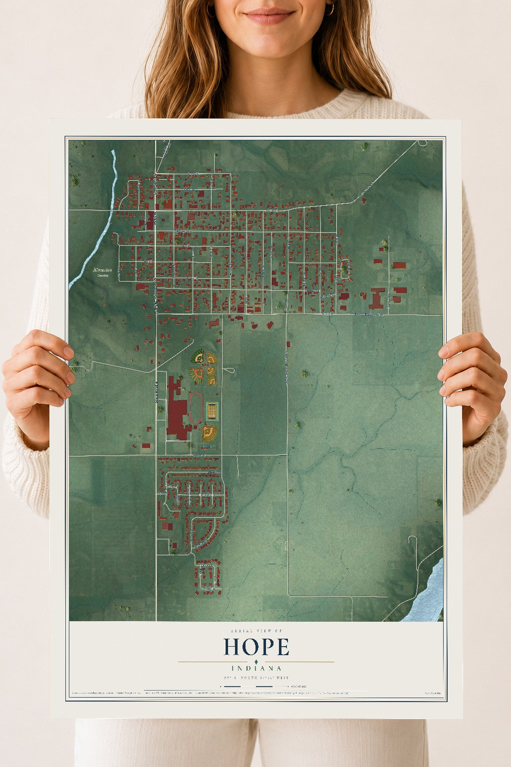 Map of Hope, Indiana, 18 x 24 inch unframed archival matte print