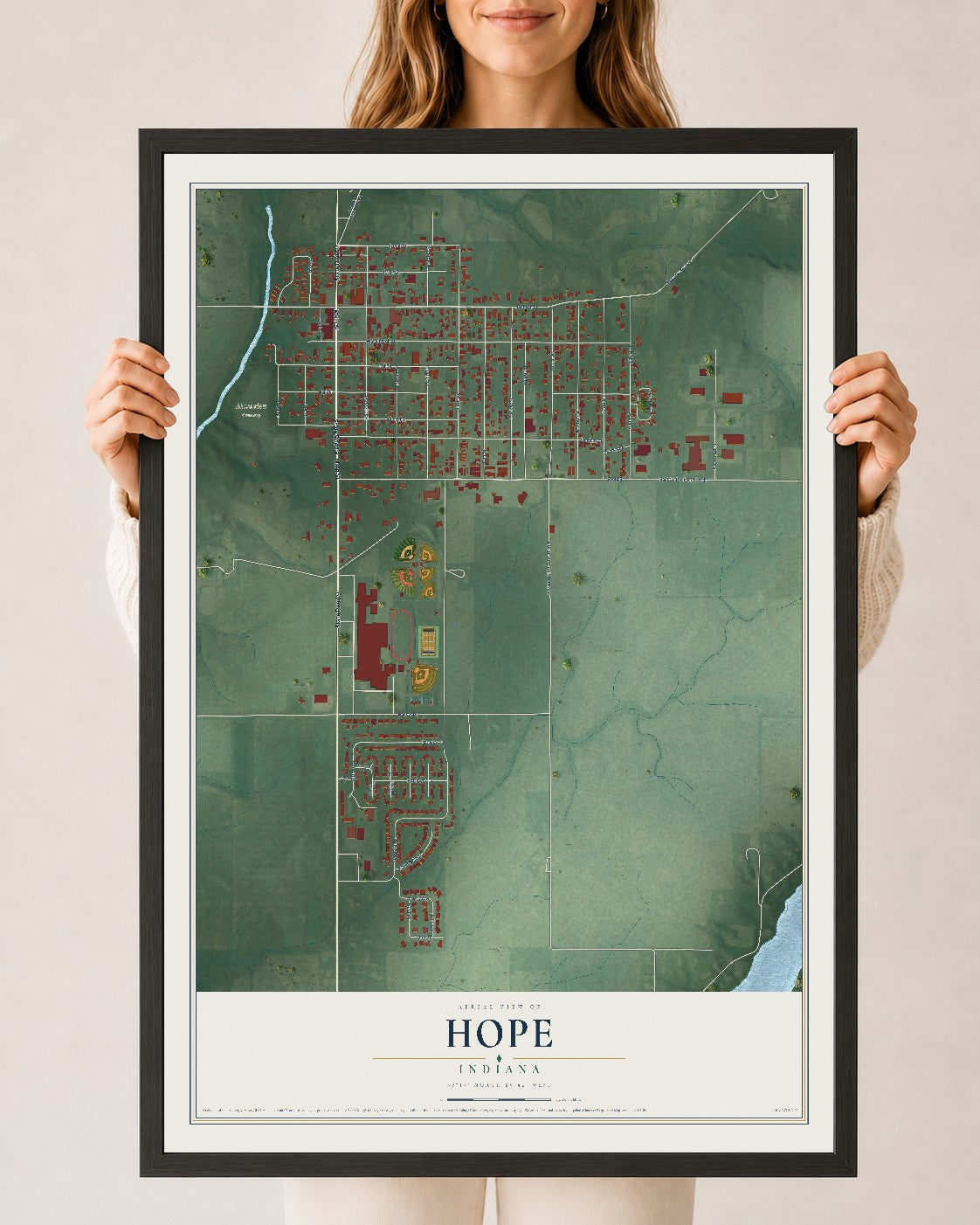 Map of Hope, Indiana, 24 x 36 inch print in a black wood frame