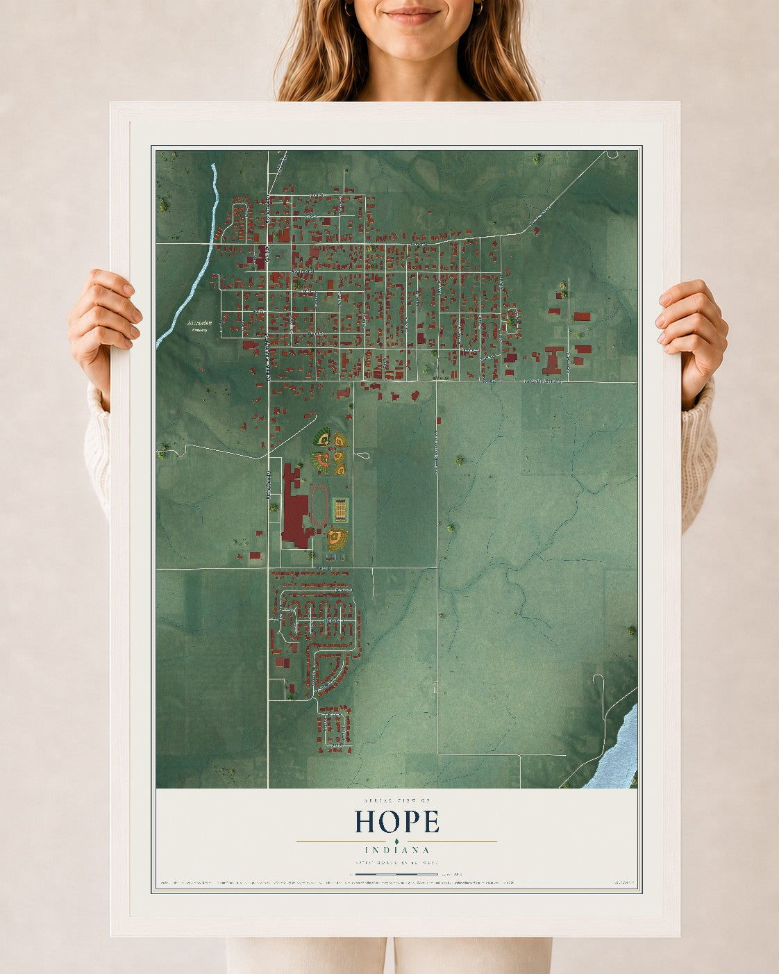 Map of Hope, Indiana, 24 x 36 inch print in a white wood frame