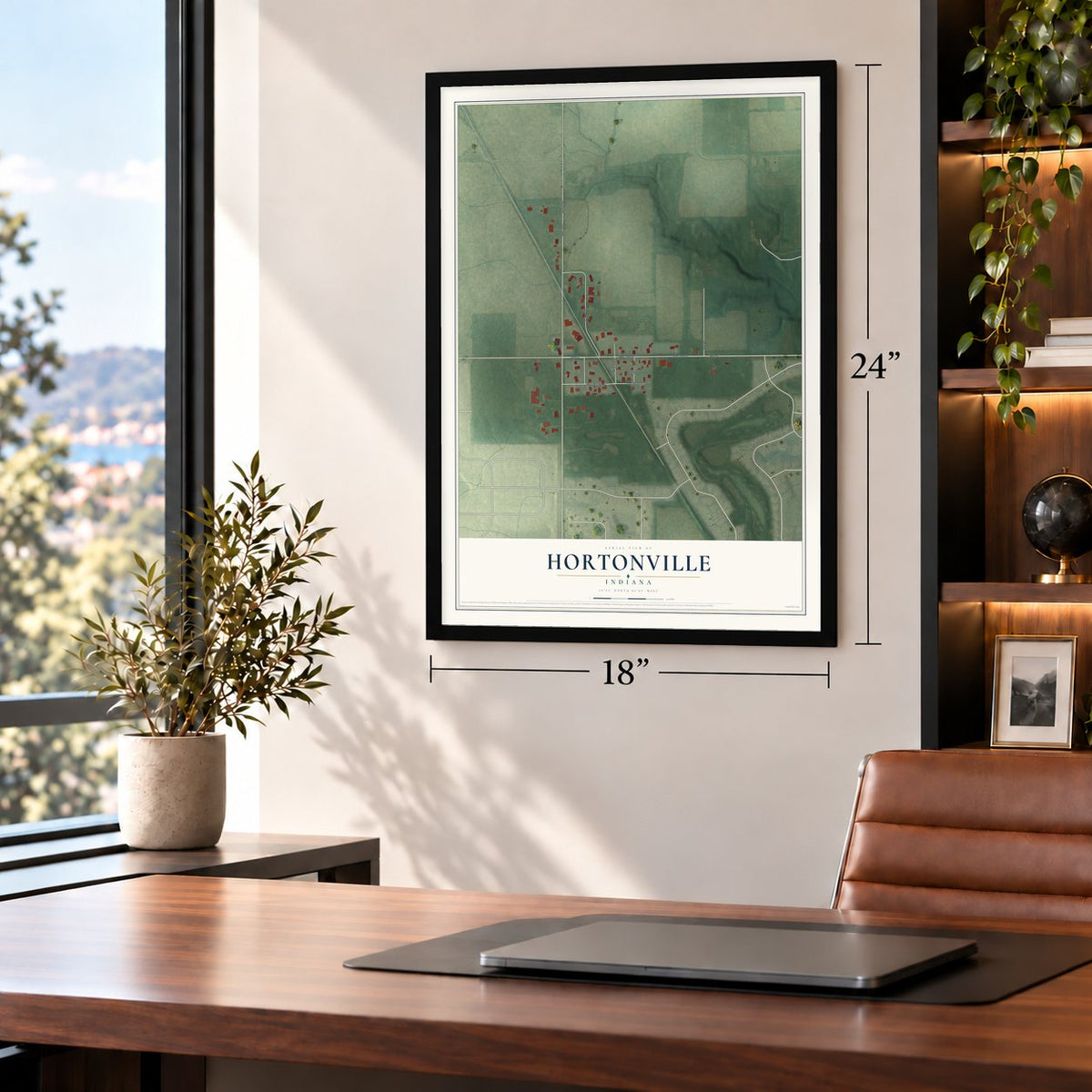 Hortonville, Indiana map, 18 x 24 inch print in a black frame in a home office